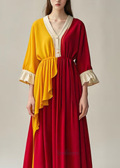 Boutique Colorblock V Neck Asymmetrical Patchwork Cotton Dresses Summer