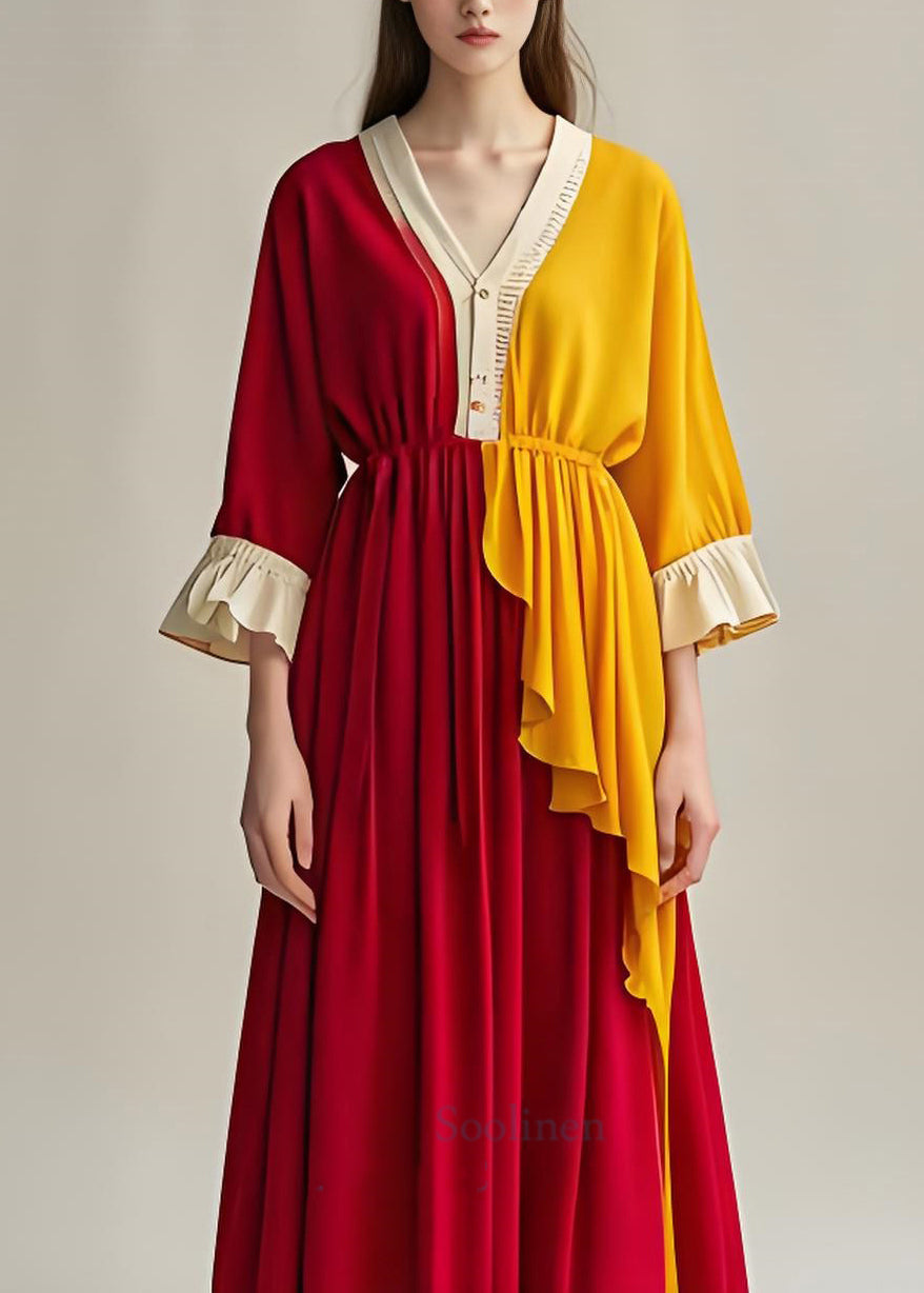 Boutique Colorblock V Neck Asymmetrical Patchwork Cotton Dresses Summer