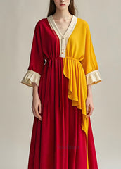 Boutique Colorblock V Neck Asymmetrical Patchwork Cotton Dresses Summer