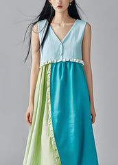 Boutique Colorblock V Neck Ruffled Cotton Dress Sleeveless