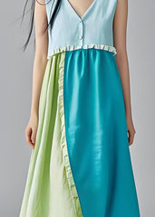 Boutique Colorblock V Neck Ruffled Cotton Dress Sleeveless