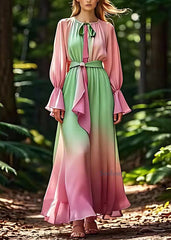 Boutique Green O-Neck Patchwork Silk Holiday Maxi Dress Fall