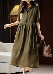 Boutique Green Peter Pan Collar Patchwork Linen Long Dresses Short Sleeve