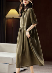 Boutique Green Peter Pan Collar Patchwork Linen Long Dresses Short Sleeve