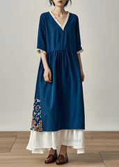 Boutique Navy V Neck Ruffled Patchwork Cotton Long Dress Summer