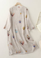 Boutique O Neck Print Side Open Linen Dress Bracelet Sleeve