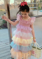 Boutique Yellow Square Collar Ruffled Tulle Kids Long Dress Sleeveless