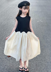 Brief Black O-Neck Wrinkled Patchwork Kids Maxi Dresses Sleeveless