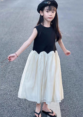 Brief Black O-Neck Wrinkled Patchwork Kids Maxi Dresses Sleeveless