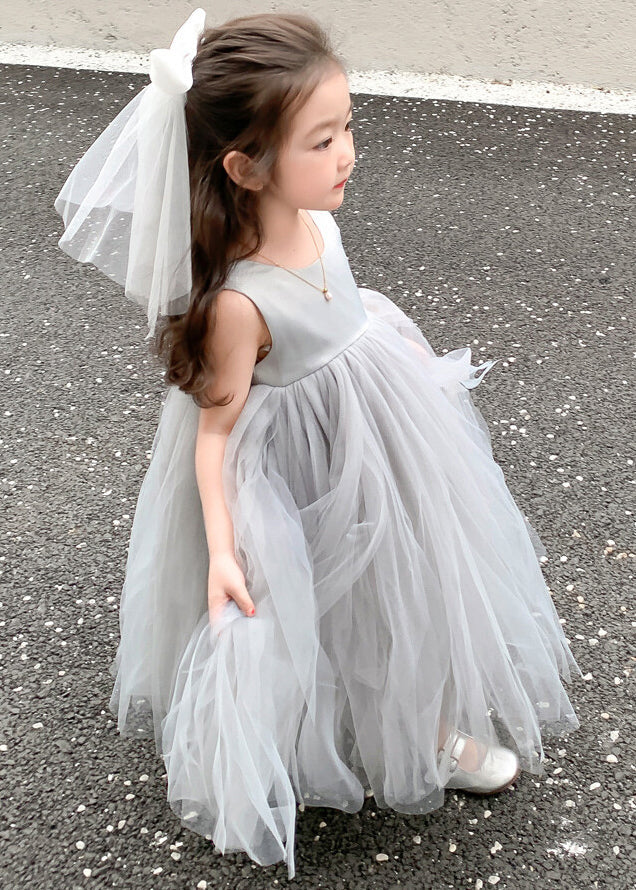 Brief Grey O-Neck Tulle Patchwork Kids Long Dresses Sleeveless