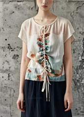 Casual Beige O Neck Cinched Print Cotton Top Summer