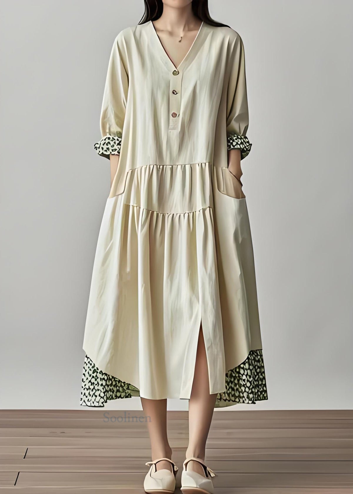 Casual Beige V Neck Pockets Print Cotton Dresses Summer