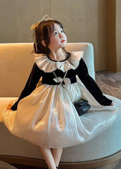 Casual Black O-Neck Floral Kids Long Dress Long Sleeve