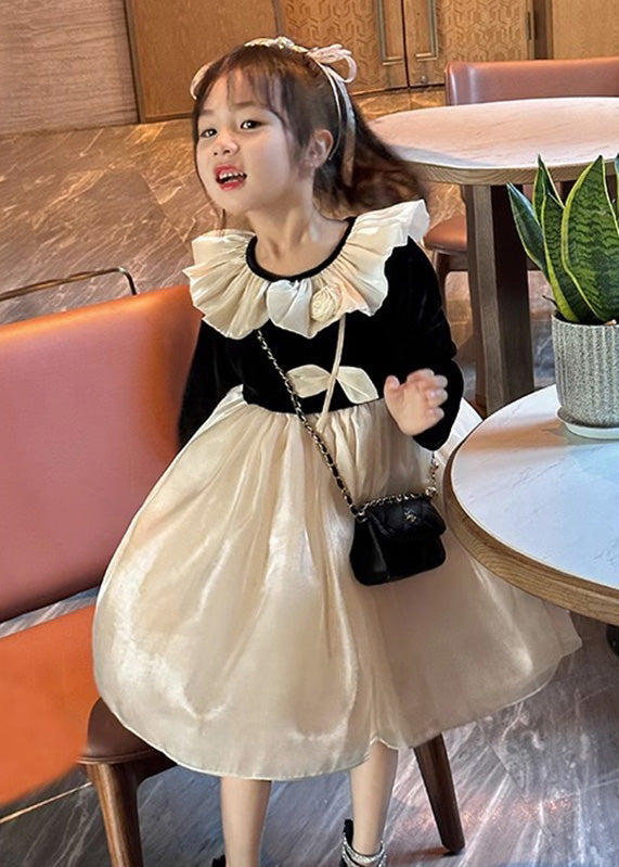 Casual Black O-Neck Floral Kids Long Dress Long Sleeve