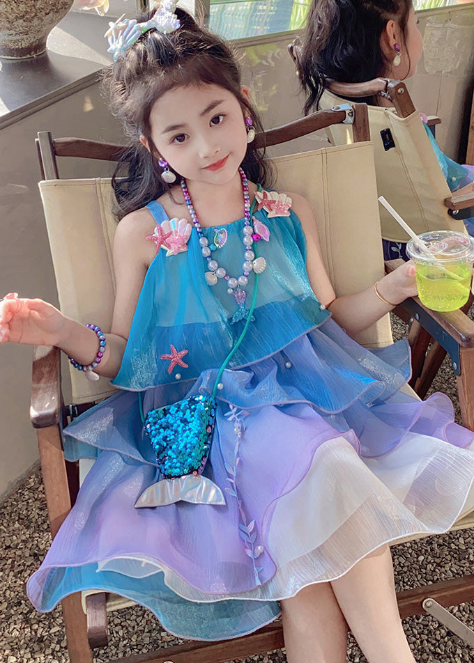 Casual Blue O-Neck Starfish Pearl Chiffon Kids Long Dresses Summer