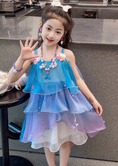 Casual Blue O-Neck Starfish Pearl Chiffon Kids Long Dresses Summer