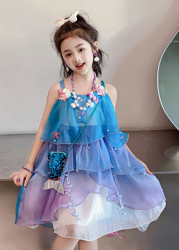 Casual Blue O-Neck Starfish Pearl Chiffon Kids Long Dresses Summer