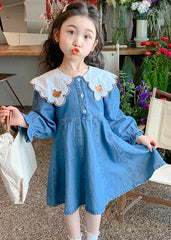 Casual Blue Peter Pan Collar Print Patchwork Button Girls Mid Dresses Fall