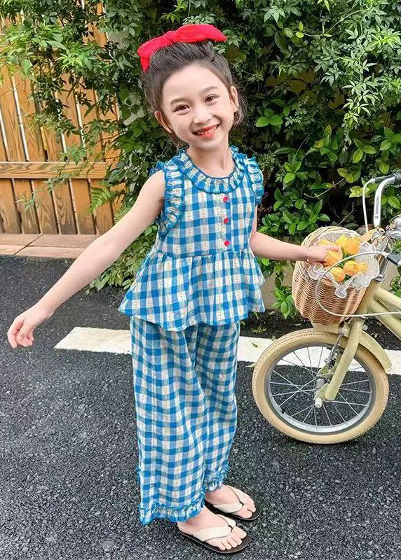 Casual Blue Plaid Ruffled Girls Top And Crop Pants Two Pieces Set Summer