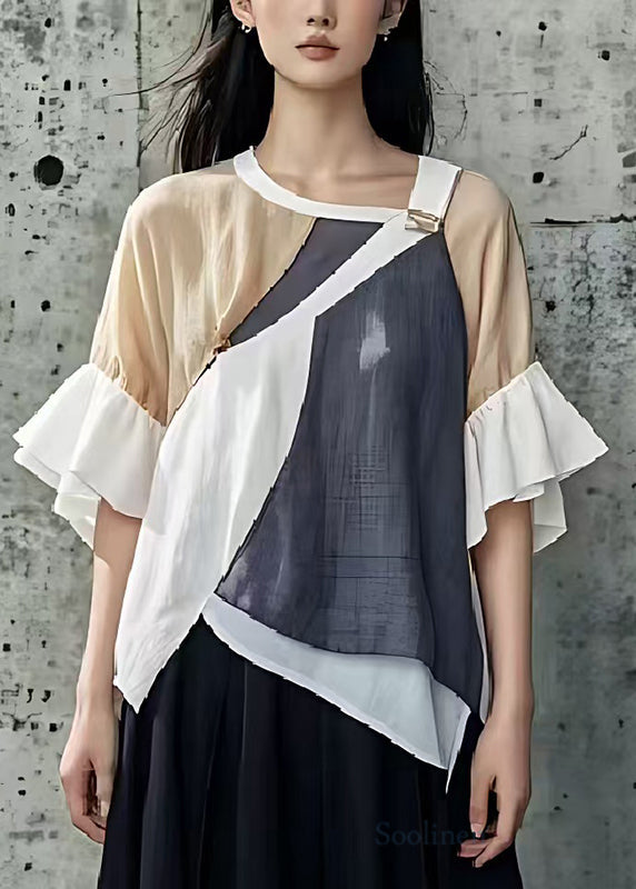 Casual Colorblock Asymmetrical Patchwork Cotton Shirt Tops Summer