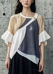 Casual Colorblock Asymmetrical Patchwork Cotton Shirt Tops Summer