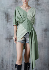 Casual Green Asymmetrical Patchwork Cotton Shirt Top Summer