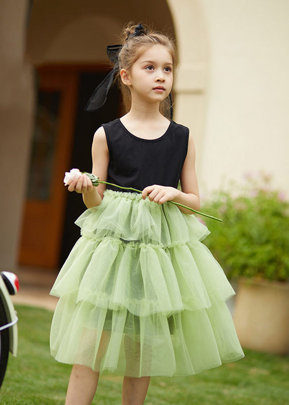 Casual Green O-Neck Patchwork Tulle Kids Maxi Dress Sleeveless