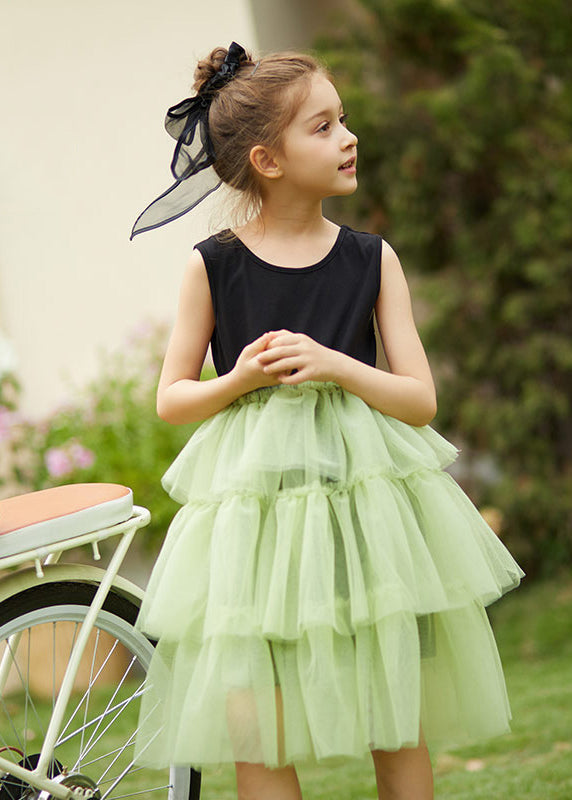 Casual Green O-Neck Patchwork Tulle Kids Maxi Dress Sleeveless