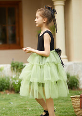 Casual Green O-Neck Patchwork Tulle Kids Maxi Dress Sleeveless