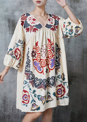 Casual Khaki Oversized Print Cotton Vacation Dress Summer