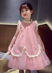 Casual Pink Stand Collar Tulle Patchwork Wrinkled Girls Maxi Dresses Summer