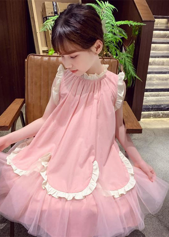 Casual Pink Stand Collar Tulle Patchwork Wrinkled Girls Maxi Dresses Summer