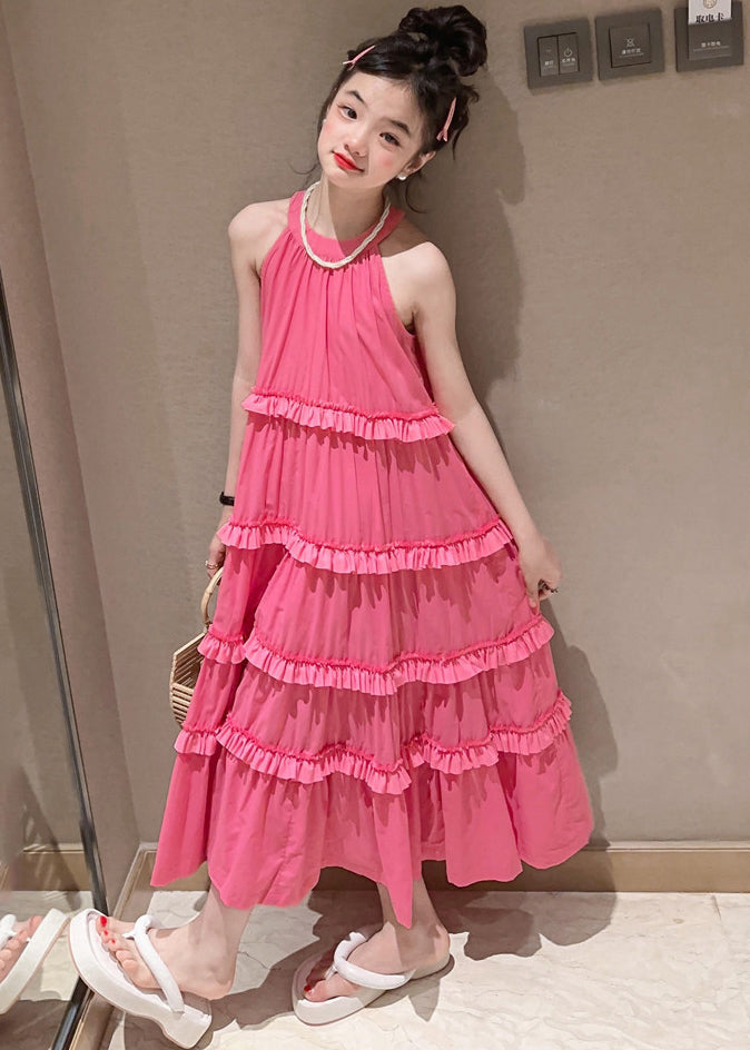 Casual Red Halter Ruffled Patchwork Girls Maxi Dresses Summer