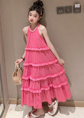 Casual Red Halter Ruffled Patchwork Girls Maxi Dresses Summer