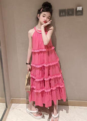 Casual Red Halter Ruffled Patchwork Girls Maxi Dresses Summer