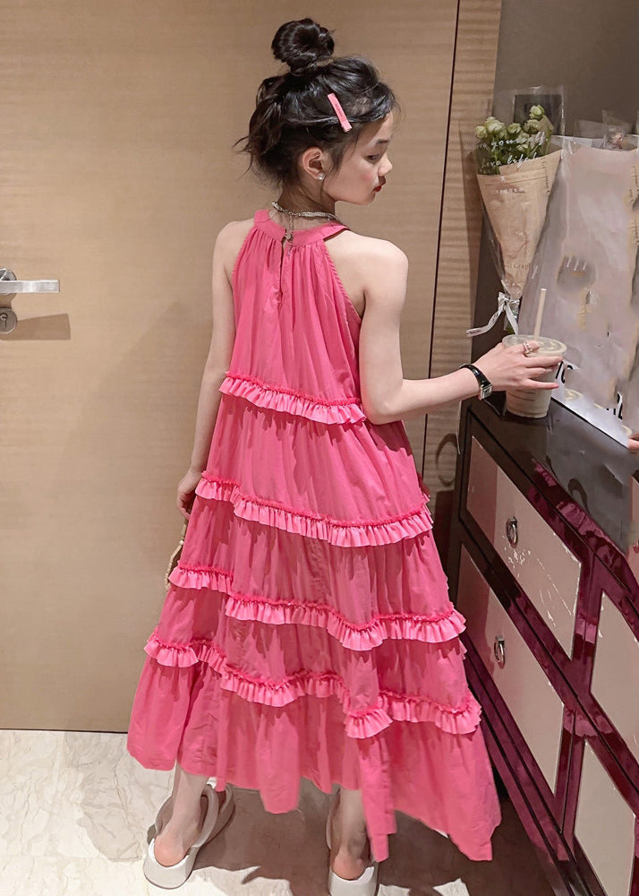 Casual Red Halter Ruffled Patchwork Girls Maxi Dresses Summer