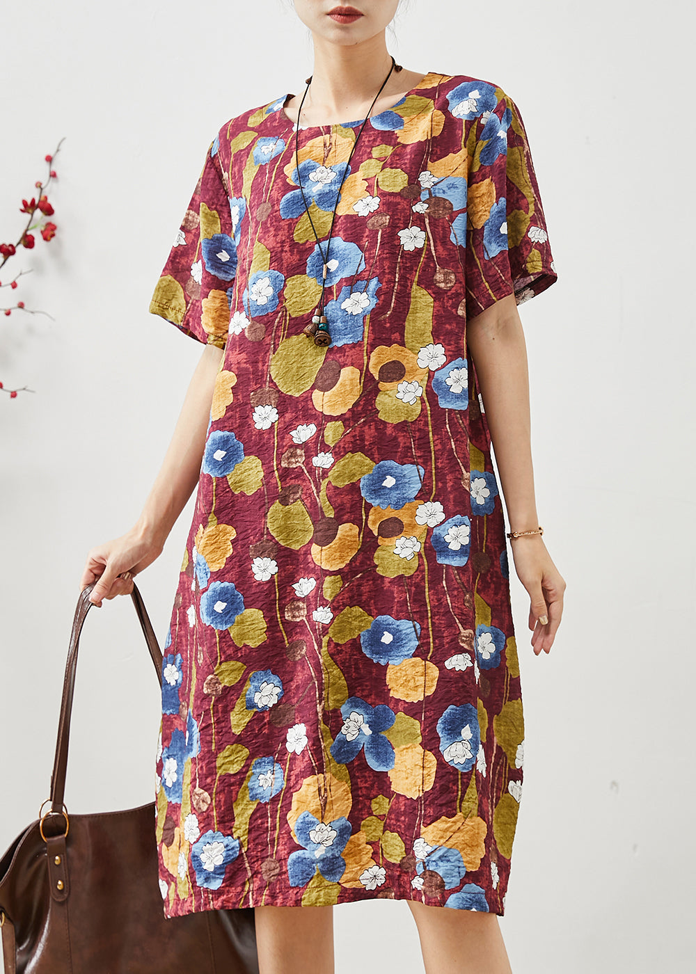 Casual Red Oversized Morning Glory Print Cotton Dresses Summer