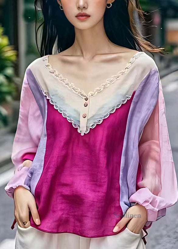 Casual Rose V Neck Hollow Out Patchwork Top Long Sleeve