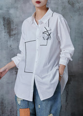 Casual White Oversized Print Cotton Shirt Tops Summer