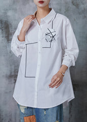 Casual White Oversized Print Cotton Shirt Tops Summer