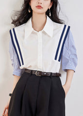 Casual White Peter Pan Collar Striped Patchwork Top Half Sleeve