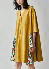 Casual Yellow V Neck Print Patchwork Cotton Dresses Summer