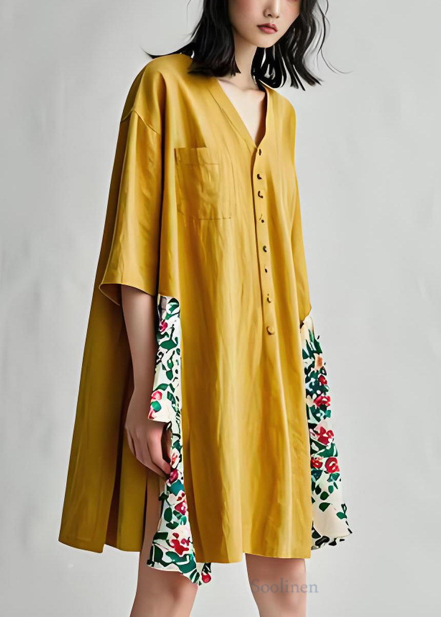 Casual Yellow V Neck Print Patchwork Cotton Dresses Summer