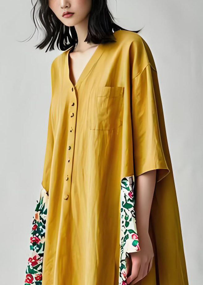 Casual Yellow V Neck Print Patchwork Cotton Dresses Summer