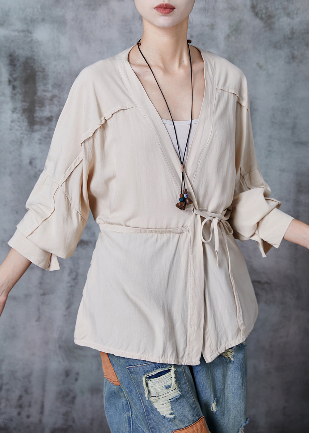 Chic Beige Asymmetrical Tie Waist Cotton Blouse Tops Spring