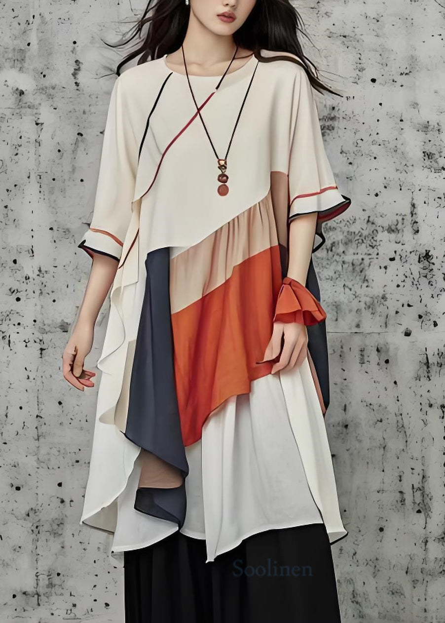 Chic Beige O Neck Asymmetrical Patchwork Cotton Dress Summer