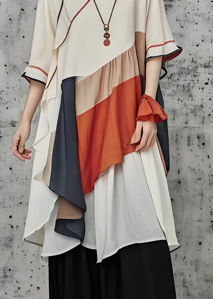 Chic Beige O Neck Asymmetrical Patchwork Cotton Dress Summer