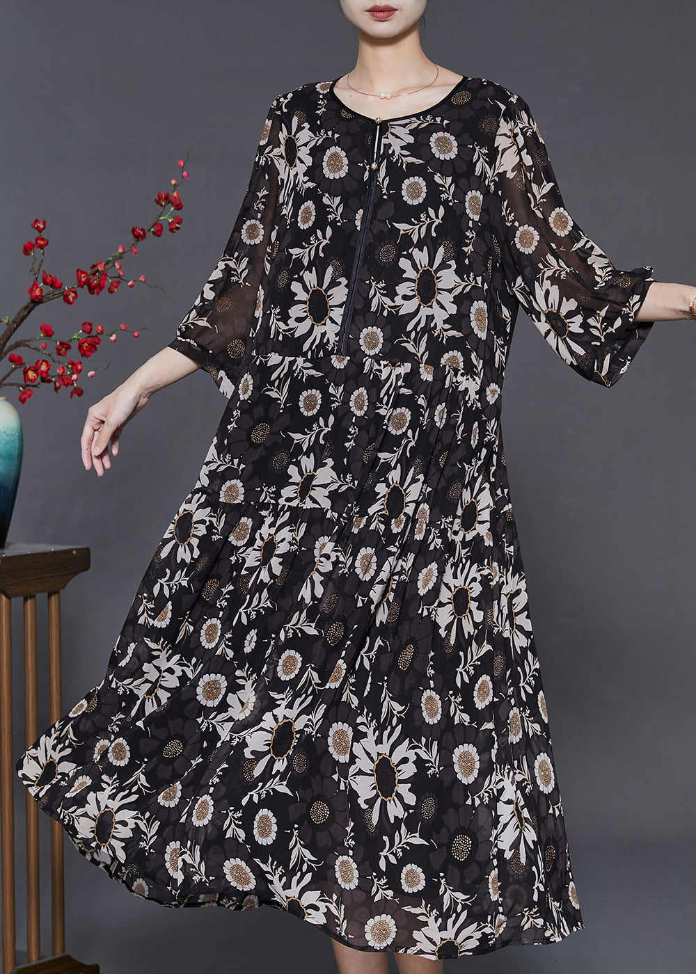 Chic Black Oversized Print Chiffon Robe Dresses Summer