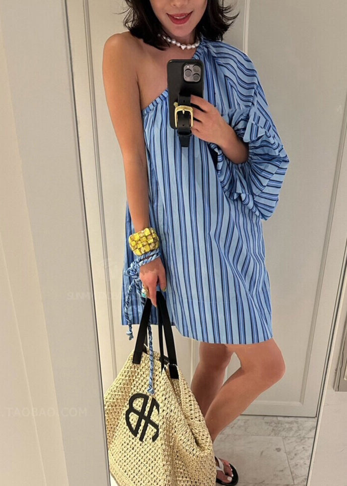 Chic Blue Asymmetrical Striped Cotton Mid Dress Long Sleeve