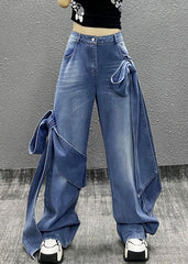 Chic Blue Bow Pockets High Waist Denim Pants Summer